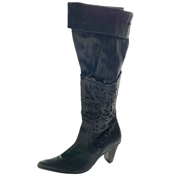 FUGITIVE Knee High Heel Leather Cowboy Boots - Picture 2 of 5